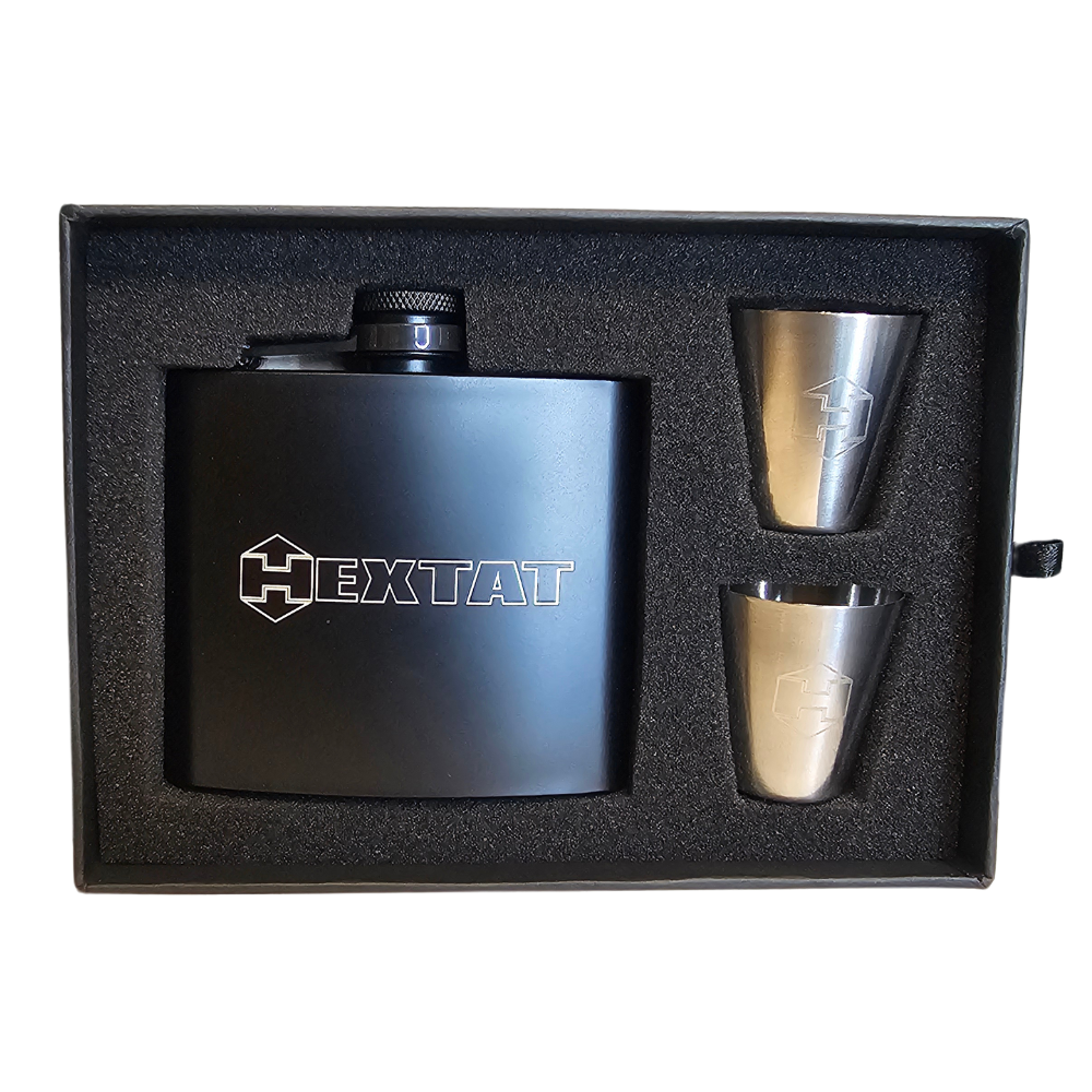 Hextat Engraved Flask &amp; Shot Glass Set