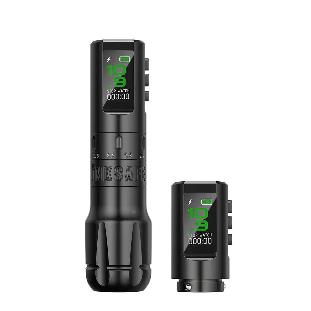 Inksafe Flexo Wireless Adjustable Stroke Tattoo Machine Front View with Extra Battery