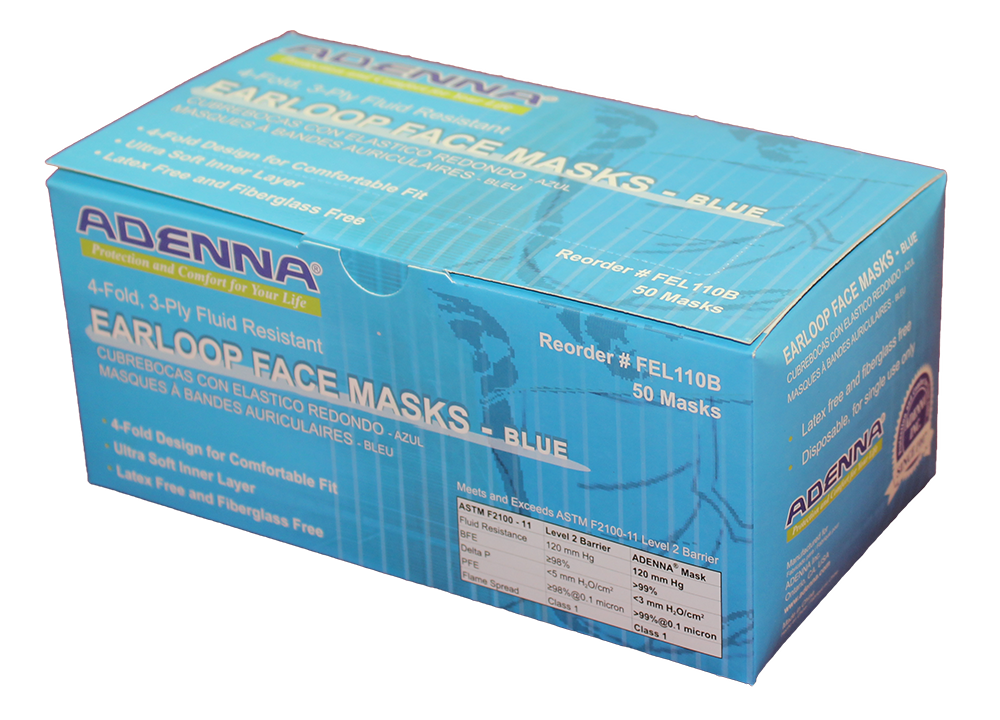 Masques pour le visage Adenna Earloop (Bleu) - Boîte de 50